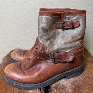 Ash Women 40 Sharon Boots Brown Leather Metallic Moto Biker Buckle Distressed